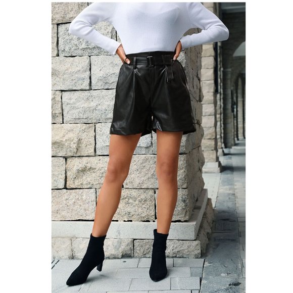 A Classy Chic Boutique Pants - Belted Pleated Detail PU Leather Shorts